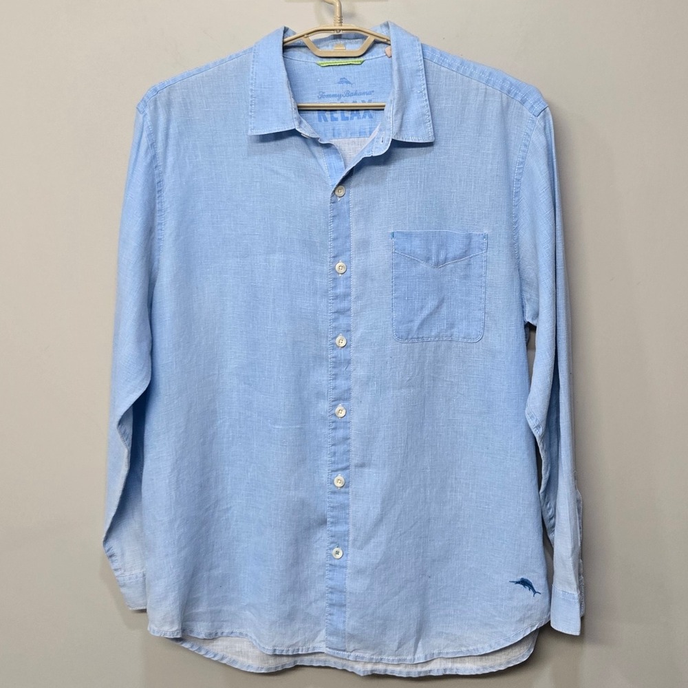Tommy Bahama Relax Linen Casual‎ Button Up Shirt Men XL Blue Coastal Papi Chulo